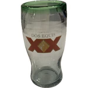 Dos Equis XX Cerveza Beer Pint Glass Hand Blown Green Rim Thick Made In Mexico